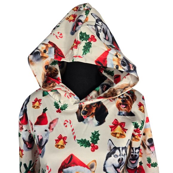 NWOT | Christmas Dog Faces Holiday Print Hoodie Sweatshirt Kangaroo Pocket | Med - Picture 4 of 6